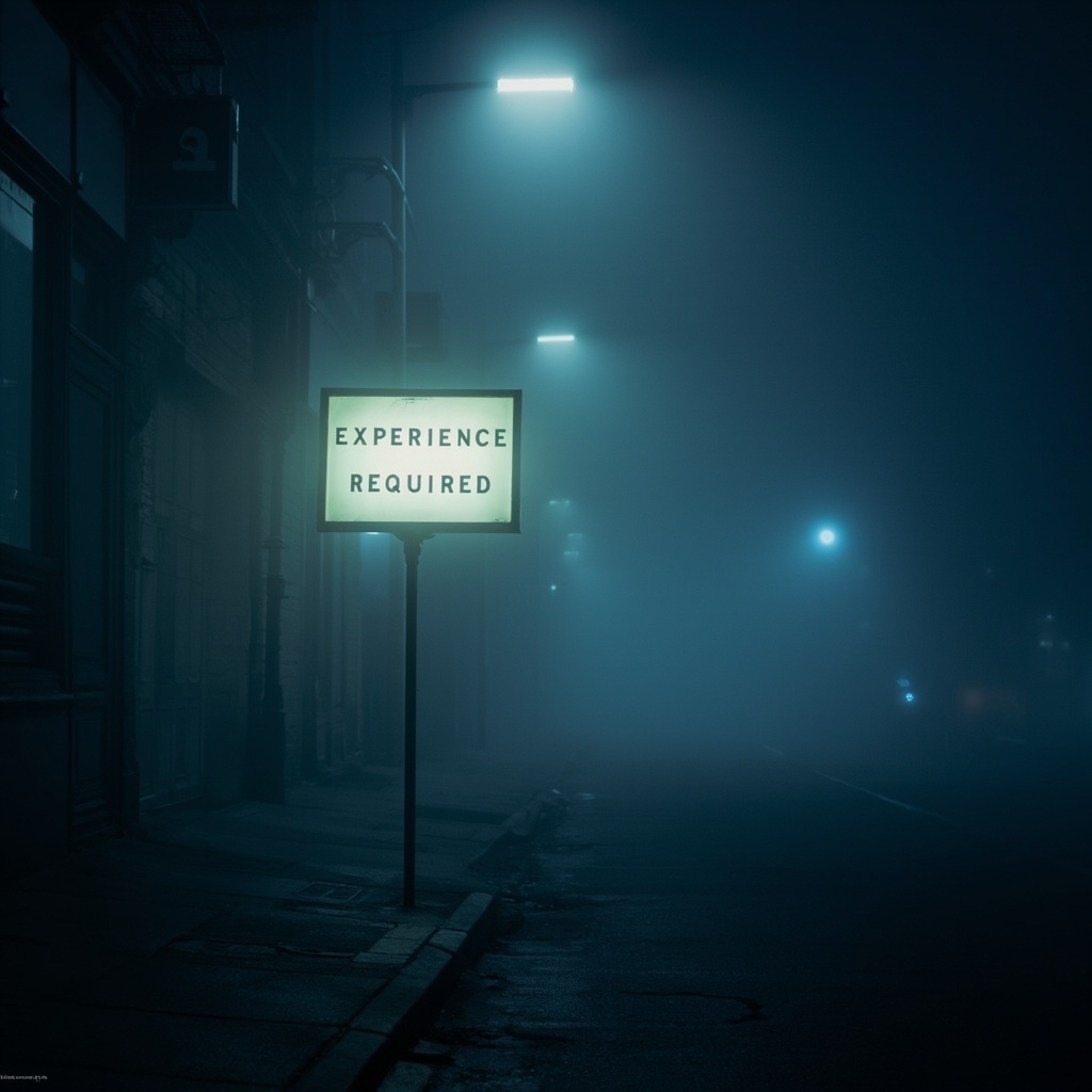 A foggy city street at night with a single illuminated streetlight casting a pale glow through thick fog. The scene suggests being close to something visible but not reachable — fitting the experience paradox theme of opportunity that seems accessible but isn't. Muted blue and grey tones, cinematic editorial photography, high contrast.