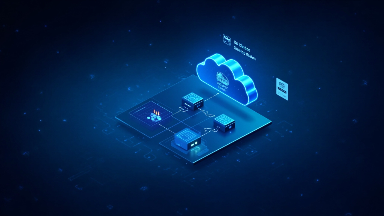 Cloud infrastructure diagram on a screen with code terminal and AWS certification badge